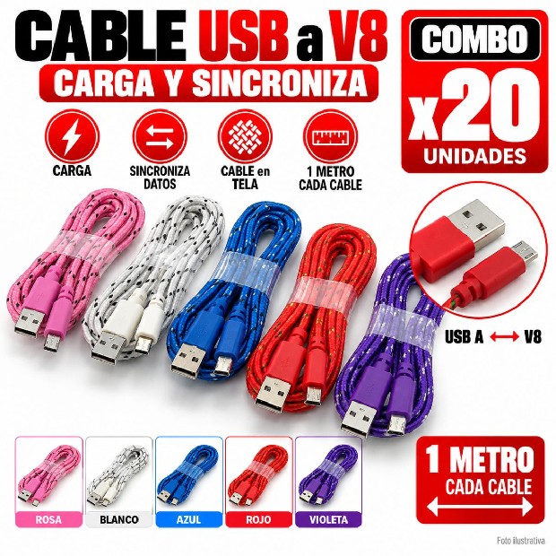 &ua CABLE CARGADOR TIPO V8 TELA 1MTS X 20 UN (4221)